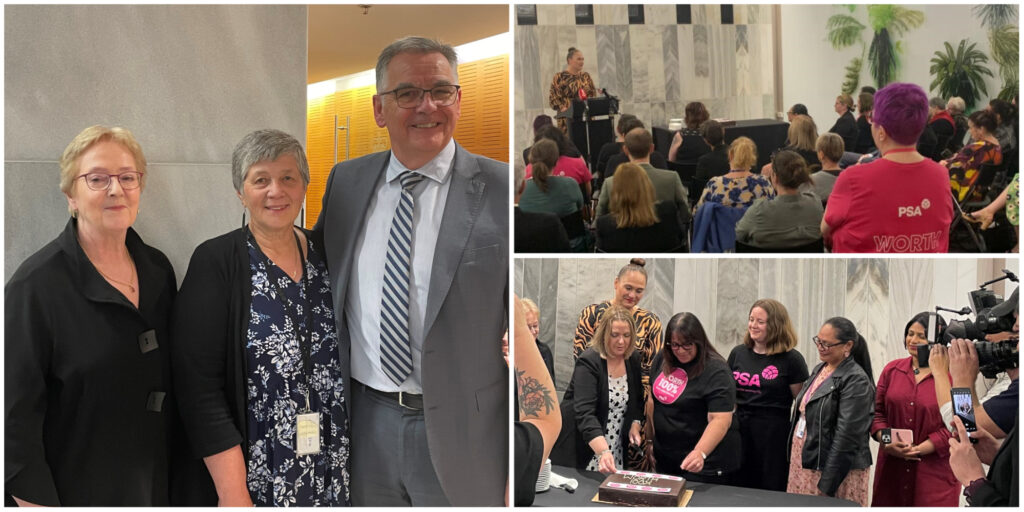 Pictures from the pay equity announcement. Shannon (centre) is pictured with Brenda Pilott (Social Service Providers Aotearoa) and Mike Munnelly (Barnardo’s)