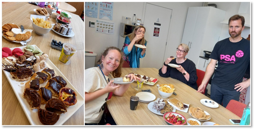 Photo of smiling social workers from Anglican Family Care eating a morning tea,
