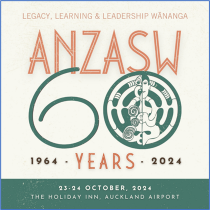 Poster image: 60th anniversary of the Aotearoa New Zealand Association of Social Workers (ANZASW). To commemorate this milestone, ‘Legacy, Learning and Wānanga’ is set to take place on October 23-24, 2024, in Auckland.