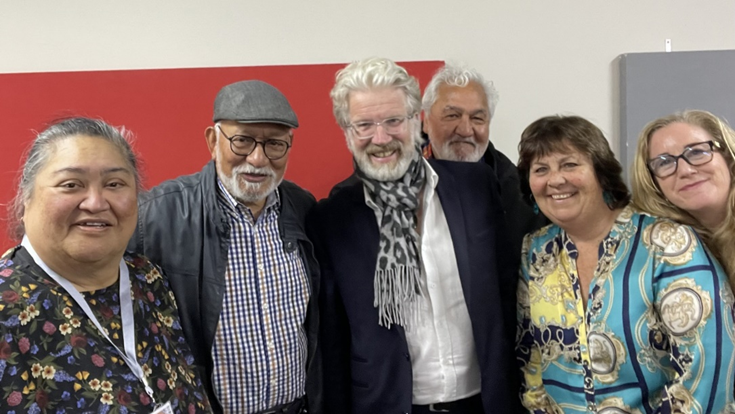 Pictured with SWRB’s Registrar Hamish McDouall (Centre) and Project Lead Lin Ayo are Jean Mitaera (Chief Advisor, Centre for Pacific Health & Social Practice), Apii Rongo-Raea (Kaiako), Roger Ngahooro (Programme Manager, Social Practice) and Ashleigh Price (Kaiako) at Whitireia & WelTec.