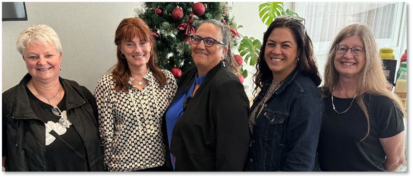 Pictured are five of SWRB’s registered social workers (left to right): Deputy Registrars Carina Jansen and Megan Chapman, Lead Professional Advisor Māori Natasha Emery, Professional Advisor Emily Ranginui, and Policy Lead Dianne Garrett.