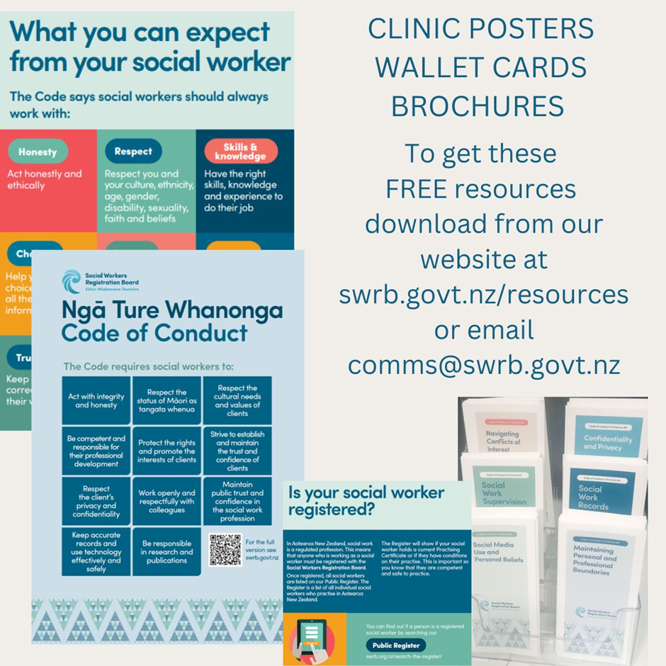 Image displaying some of SWRB printed resources. Text: Clinic posters, wallet cards, brochures.

To get these FREE resources download from our website at swrb.govt.nz/resources or email comms@swrb.govt.nz